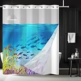 Ttincceer 183x198cm Cortina de Ducha sin Gancho Pescado de Dibujos Animados Gancho de Coral Juego de Cortinas y Forro de baño Gratis Mundo Submarino Cortinas de Ducha de Doble Capa Impermeable