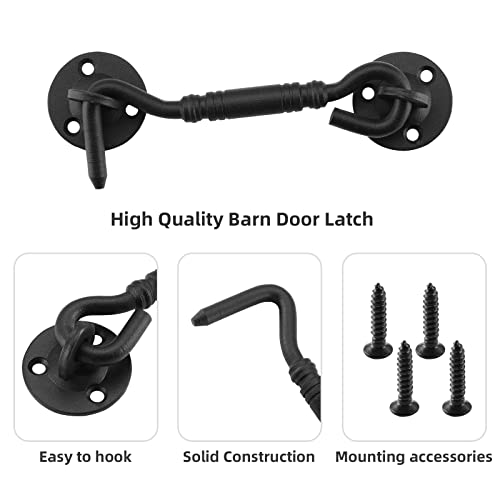 HOME MASTER HARDWARE Barn Door Hook and Eye Latch 4\" Privacy Hook Lock Hardware Rust-Proof Gate Latch Cabin Hooks for Sliding Doors,Bathrooms,Outdoor,Windows,Bedrooms,Cabinet,2 Pack Black with Screws - Thumbnail 2