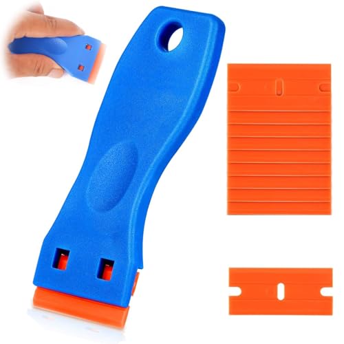 Plastic Scraper, 1pcs Plastic Razor with 10 Plastic Blades, Scraper Tool, Car Sticker Remover for Removing Glue Sticker Decals, Scraping Stickers, Labels and Decals from Glass