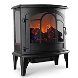 Della 17 Inch 1400W Compact Freestanding Portable Electric Fireplace Stove Heater with Realistic 3D Flame Effect, Infrared Quartz Indoor Heat, Faux Logs - Black