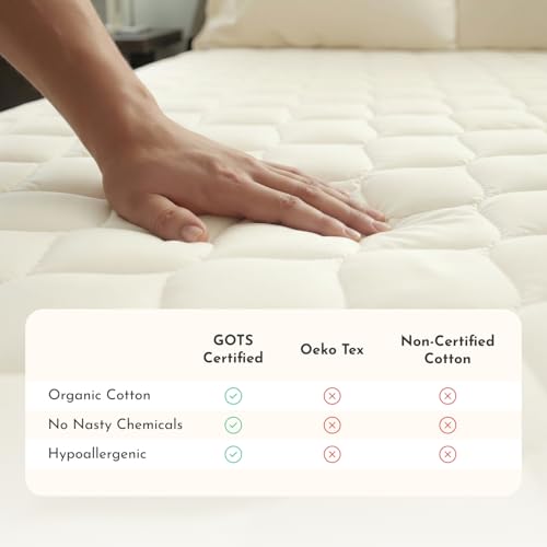 100% Cotton Organic Mattress Protector | Breathable & Noiseless GOTS Organic Mattress Pad with Premium 300GSM Durability | Machine Washable Quilted Bed Protector with Deep Pocket (Ivory, King) by Treescend - Image 5