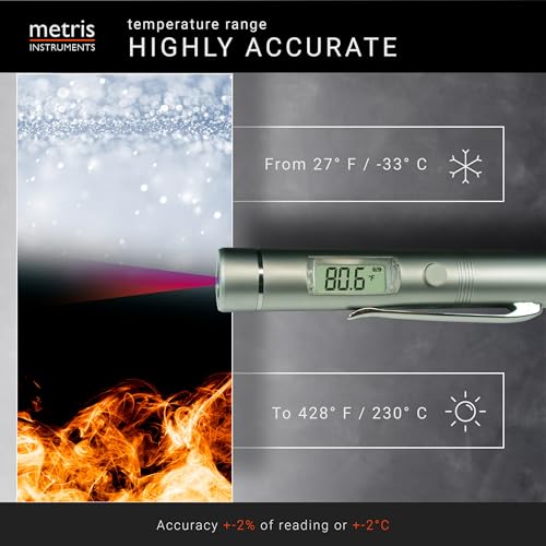 Metris Instruments Mini Digital Infrared Thermometer Certified to UL4200A Reese’s Law for Reptiles, Playground, Automotive, [ -27.4° to 428 °F ] (-33° to 220 °C) 1:1 D:S Ratio, Model TN002PC NO Laser - Thumbnail 4