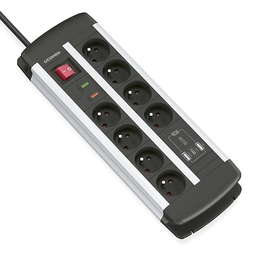 Bloc Multiprise USB C et USB A 20W PD Charge Rapide, 8 Prises, Parafoudre et Surtension, Interrupteur, Fixation Murale, 1,5m Maison Bureau Réunion, Prise...