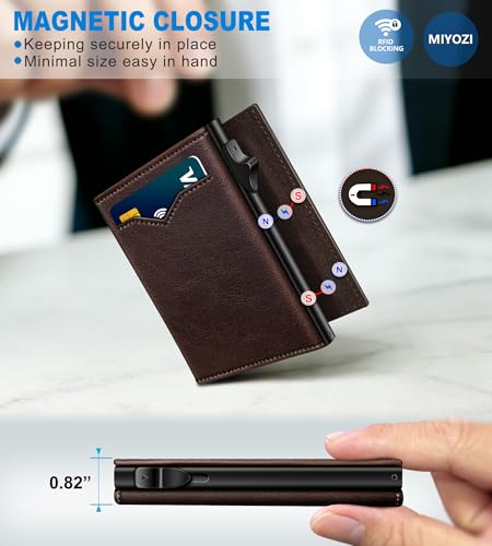 Image of miyozi Wallet for Men,with Cash Pocket 2 ID Window 9-13 Cards,Metal Case Smart Slim Pop Up Credit Card Holder Flip with Magnetic Closure RFID Blocking Trifold wallet with Gift Box