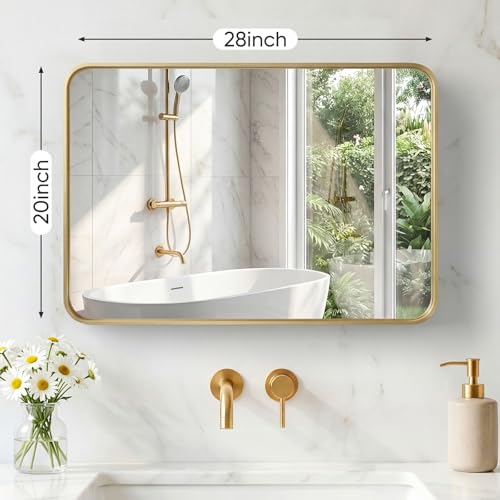 Image of NEWBULIG 20X28 Inch Bathroom Mirror for Over Sink, Wall Vanity Mirrors Tempered Glass, Anti-Rust Metal Framed Rounded Rectangle, Hangs Horizontally or Vertically, Farmhouse Home Decor, Gold