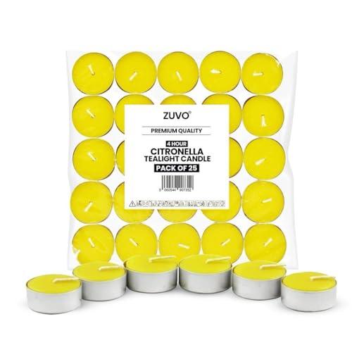 Zuvo Citronella Tealights - Pack of 25 4-Hour Burn Scented Candles for Indoor & Outdoor Use Insect-Repellent Tea Lights for Patio Garden & Home Yellow