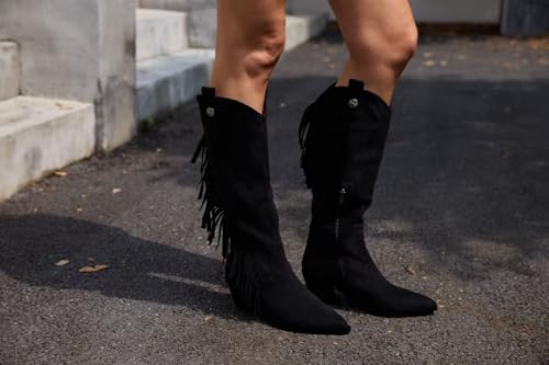Fringe Cowboy Boots For Women Knee High Boots Chunky Heel Pointed Toe Western Boot Faux Suede Cowgirl Boots For Dressing Vacations Parties Gatherings4