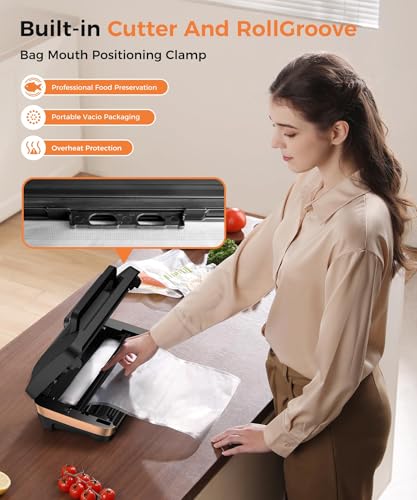 Vacuum Sealer Machine, Updated Powerful 95KPa Commercial Food Saver with Double Seal for 2X Strength, Built-in Cutter, Bags Storage & Easy-Lock Handle, Includes Free Bags (1 Roll + 10 Pre-cut) Black