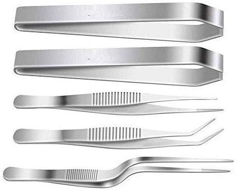 RengvoRudra exports Stainless Steel Tongs Tweezers 3 Pcs 6.3 Inch Tweezers,4.7 Inch Flat and Slant Fish Bone Tweezers Pliers for Chef Cooking Utensils: 5 Pcs Set