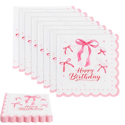 UOCAI 40PCS Serviettes Anniversaire Rose à Nœud Papillon 33x33cm, Serviettes Papier Épaisses, Douces & Absorbantes, Design Romantique Coquette pour Mariage,...