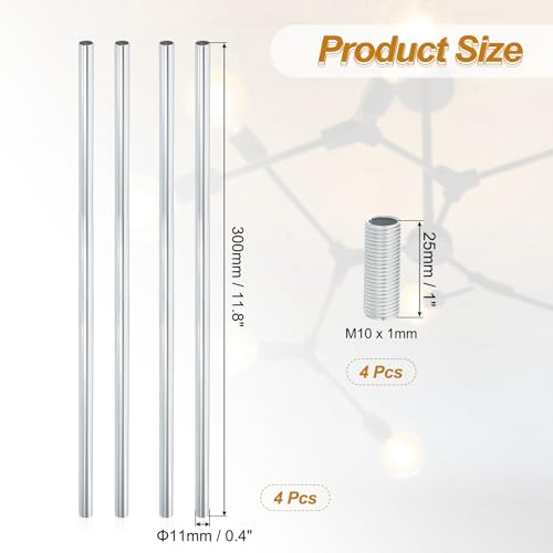 Image of PATIKIL Threaded Extension Rod, 4 Sets 12 inch M10 x 1mm Fine Thread Lamp Pipe with Lamp Pipe Nipples for Pendant Light Island Lighting Chandeliers Stems, Silver Tone