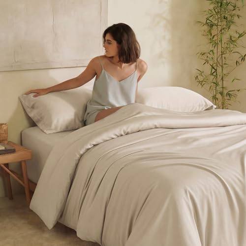 Bedsure 100% Organically Grown Bamboo Viscose Duvet Cover Set King Size | Cooling Bedding Set for Hot Sleepers | PureWoven Luxury Silky Soft | No Insert | 2 Pillow Shams (Beige, 104"x90")