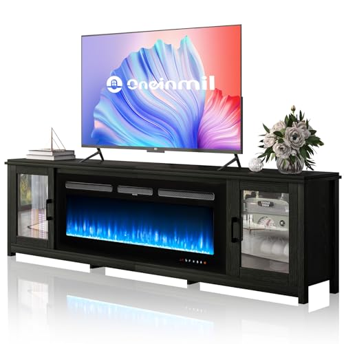 oneinmil TV Stand with 50\" Fireplace, 80\" Modern Fireplace Entertainment Center,TV Console Cabinet for TVs Up to 90\", Large Fireplace TV Stand with Adjustable Shelf, Black
