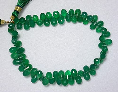 8 inch Strand of Natural Green Onyx 6x8mm Drop Faceted briolette Beads for DIY Jewelry Making. |BRIO_03902