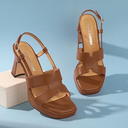 Image of ROSERWISH Womens Platform Heeled Sandals, Open Square Toe Chunky Heels, Strappy Sandals for Women, Leather Insole Dress Shoes for Prom Weeding Bride Party 3.5 inch