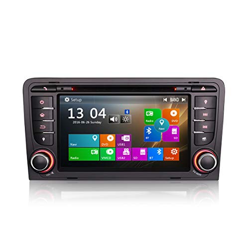 SDIUAKBV Estéreo Bluetooth para coche de 7 pulgadas para A3, S3, RS3, RESE-PU, pantalla táctil digital, compatible con navegación GPS, control del volante, DVD, SWC, DVR, Canbus, DTV, USB, SD