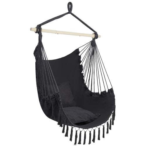 ONCLOUD Hammock Chair Hanging Rope Swing, Load Capacity Up to 550 LBS Macrame Hammock Swing Seat with Two Cushions, Hammock Seats with Portable Steel Spreader Bar for Indoor/Outdoor, Dark Grey