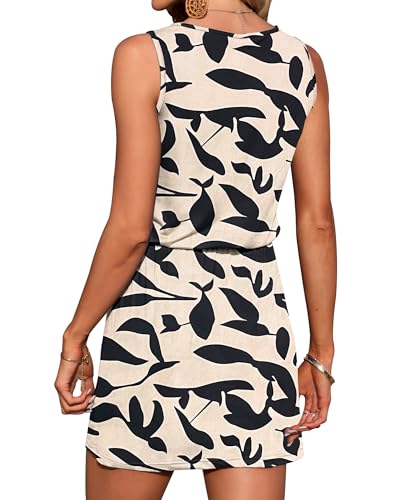 Image of AUSELILY Womens Summer Sleeveless V-Neck Drawstring Waist Beach Cover up Mini Short Swing Dresses with Pockets