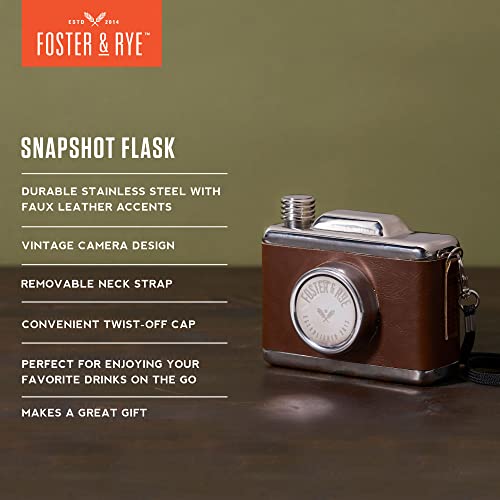 Foster & Rye Snapshot Flask - Hidden Flasks for Liquor - Camera Vintage Flask - Hip Flask Holds 11oz - Stainless Steel Set of 1