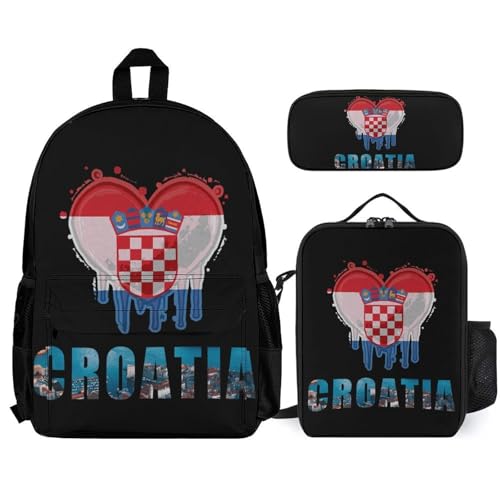 Croatia Flag Croatian Hrvatska Backpack 3 Set with Lunch Bag Insulated Shoulder Meal Tote Bags Pencil Case Box Casual Daypack