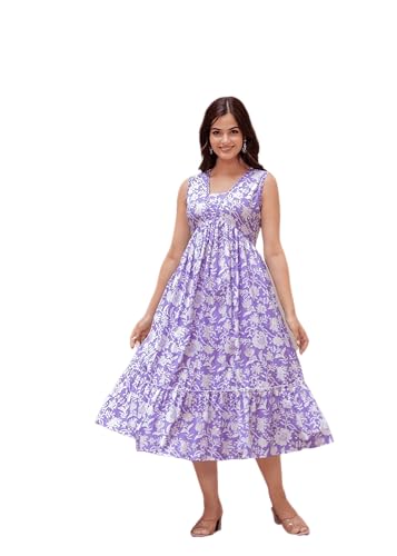 Image of Floral Print Rayon Midi Dress, Sleeveless, Lime Green and White, A-Line Empire Waist