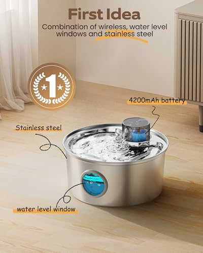 Fofnon B2 Battery Operated Cat Water Fountain Wireless: Stainless Steel Pet Bowl Dispenser thumb #2