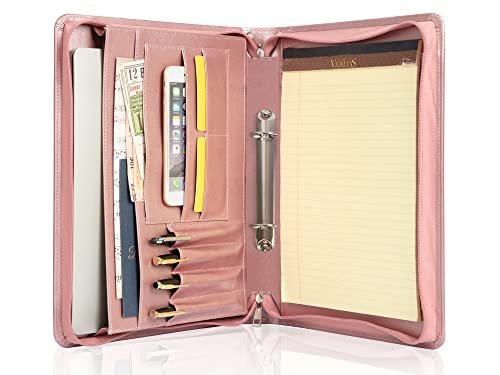 Porte-documents en cuir synthétique avec 2 anneaux - Avec fermeture éclair - Format A4 - Avec bloc-notes - Cadeau pour femme - Or rose - Personnalisé Cover