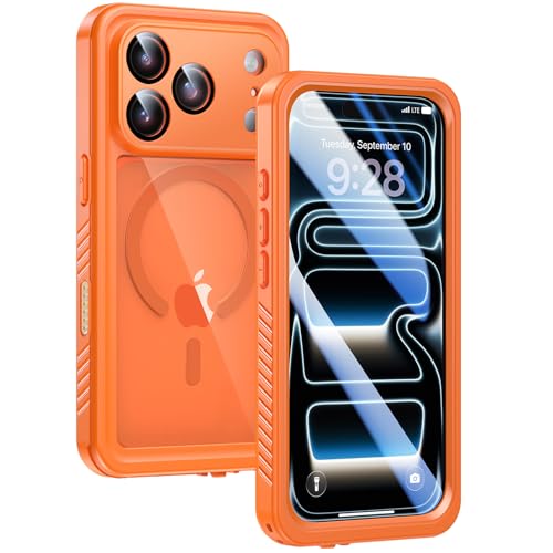 Lanhiem Magnetic for iPhone 17 Pro Case Waterproof Built in Screen Protector & Camera Protection [Compatible with MagSafe] Full Body Dustproof Heavy Duty Rugged Phone Case 6.3 (Orange)