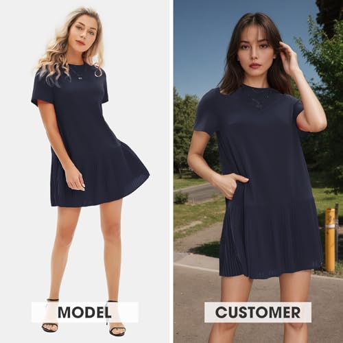 Image of EXLURA Womens Summer Casual Short Sleeve Dress Crewneck Tshirt Dresses Pleated Aline Mini Dress 2025 Vacation Beach Sundress