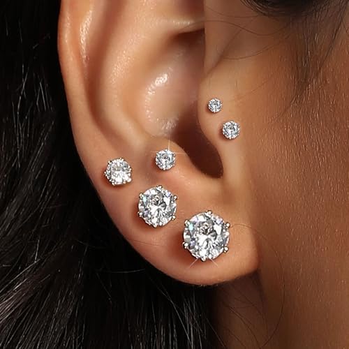 MDFUN 6 Pairs Stud Earrings Sets 3-8MM 18K Gold Plated Round 5A+ Cubic Zirconia Earrings Hypoallergenic CZ 6 Prong Ears Jewelry for Women3