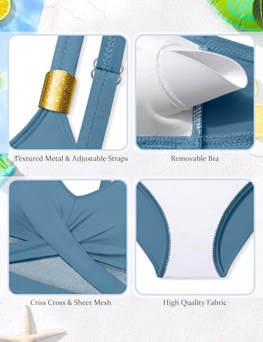 Image of Girls Swimsuit Criss Cross One Piece Swimsuits Wrap Tie Back Sheer Mesh Bathing Suit with Gold Metal Swimwear 9-16Y