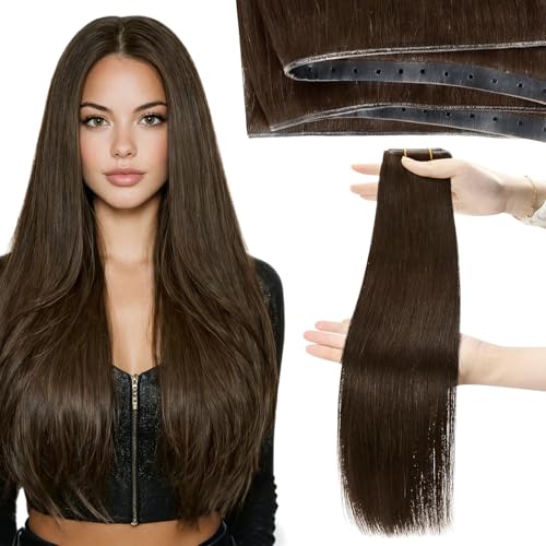 Image of Moresoo Human Hair Butterfly Weft Extensions, Medium Brown, 18 Inch 50g | aligned remy strands blend with medium brown hair for date looks, dinner plans and softly textured everyday waves