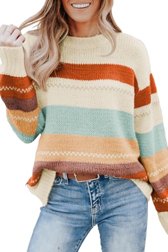 Ecosunny Sweaters for Women 2024 Long Sleeve Drop Shoulder Striped Color Block Sweater Pullover Tops Trendy Sweater Tops