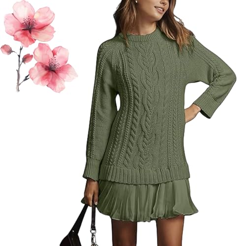 Cable Knit Sweater Dress Women, Sweater Dress with Pleated Skirt, Women Crewneck Cable Knit Sweater Mini Dress