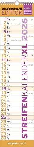 Alpha Edition - GROSSDRUCK Streifenplaner XL Kalender 2026 15x64 cm Wandplaner Ideal für Senioren Büro & Familie Großer Küchenkalender mit Feiertagen (DE/AT/CH) & Mondphasen