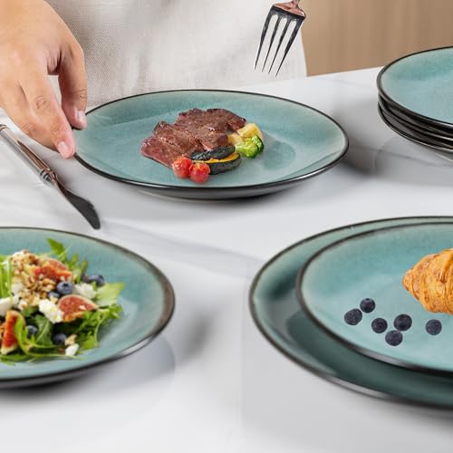 GBhome Steingut Geschirrset 6 Personen, 18-tlg Reaktive Glasur Handarbeit Steingut Geschirr Set, Mikrowellen- & Spülmaschinenfest Schüssel- und Teller Set,Petrol
