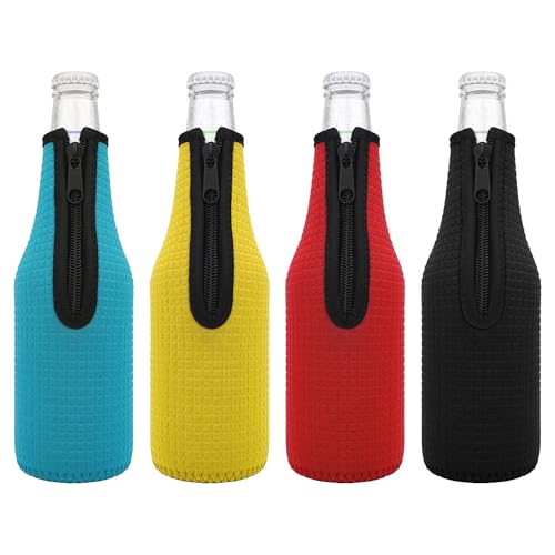 Linkidea Paquete de 4 enfriadores de vidrio para botellas de cerveza de 12 onzas, aislantes de neopreno grueso antideslizante, fundas para botellas de cerveza con cremallera (negro/azul/rojo/amarillo)