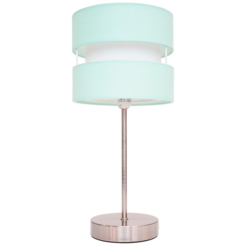 Britalia Satin Nickel & Duck Egg Blue Cotton Fabric 2 Tier Drum Shade Modern Table Desk Lamp | 38cm Height | 1 x SES E14 Lamp Bulb Required | UK Approved | Inline On Off Switch | Retro Influence