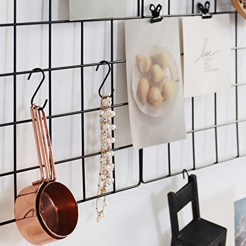 FRIADE Wall Grid Panel for Photo Display,Wall Storage Organizer,5 Metal Clips & 3 S Hooks & 4 Nails & 4 Plastic Hanging Buckles and 4 Screws Offered,Size 17.5\" x 11.8\",Set of 2 (Black)