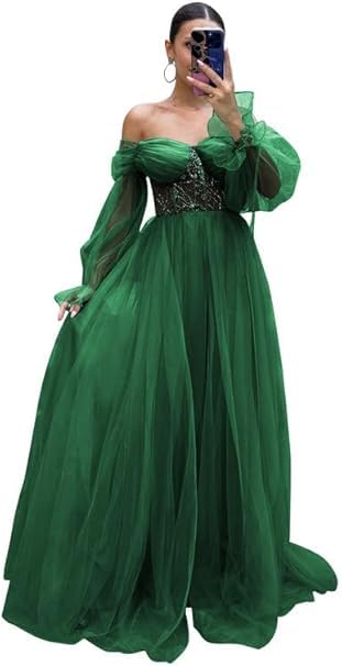 Ballkleid aus Tüll, trägerlos, Puffärmel, langes Ballkleid, Spitzenapplikation, Korsett, A-Linie, formelle Abendkleider, smaragdgrün, L