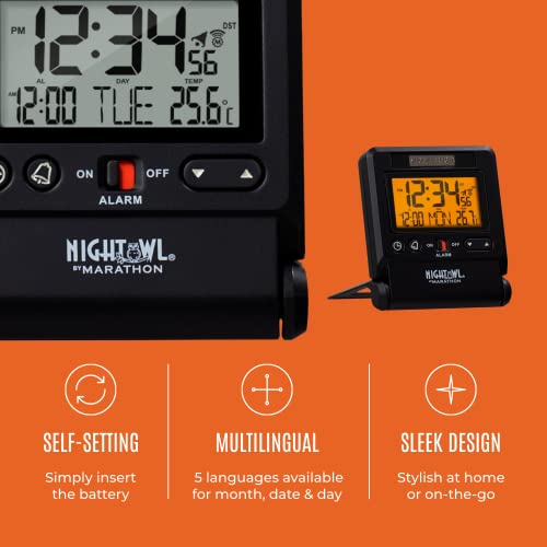 Marathon Atomic Travel Alarm Clock With Auto Night Light, Black - 12 Or 24-Hour Time, Six Time Zones, Indoor Temperature, Date - One Aaa Battery Included #TOP2