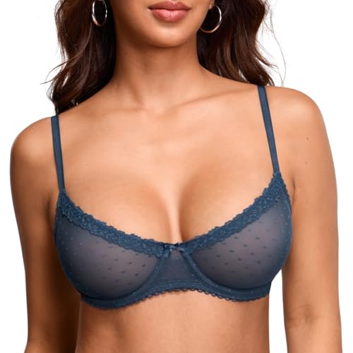 Image of DOBREVA Women's Sheer Mesh Demi Bra Underwire Balconette | Dotted Mesh, Lace Trim, See Through, Plus Size, Smooth, Soft