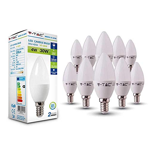 V-TAC 4W (30W-Äquivalent) Energiesparende thermoplastische LED-Kerzenbirne E14 SES (kleine Edison-Schraubkappe) 2700 Kelvin Warmweiß nicht dimmbar - 10er Pack