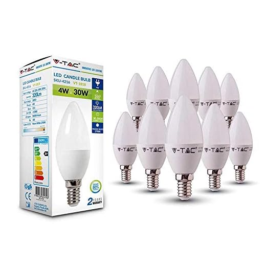 V-TAC 4W (30W-Äquivalent) Energiesparende thermoplastische LED-Kerzenbirne E14 SES (kleine Edison-Schraubkappe) 2700 Kelvin Warmweiß nicht dimmbar - 10er Pack