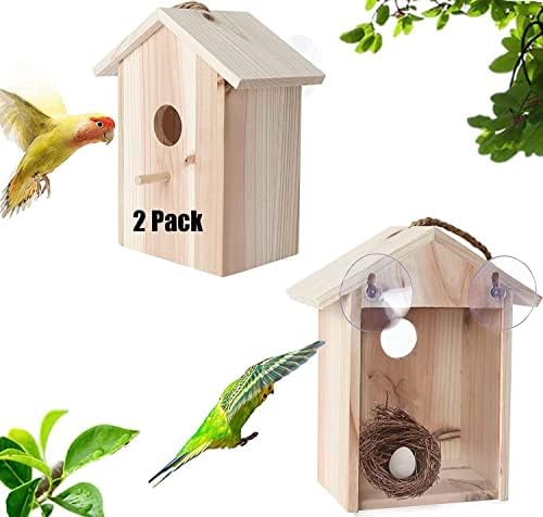 2 Pack Window Bird Houses for Viewing, See Through Birdhouses for Window, Spy Birdhouse Bird Nest with Strong Suction Cups for Outdoors, Outside Garden (Wooden)