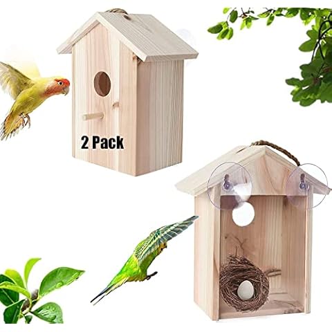 2 Pack Window Bird Houses for Viewing, See Through Birdhouses for Window, Spy Birdhouse Bird Nest with Strong Suction Cups for Outdoors, Outside Garden (Wooden) Cover