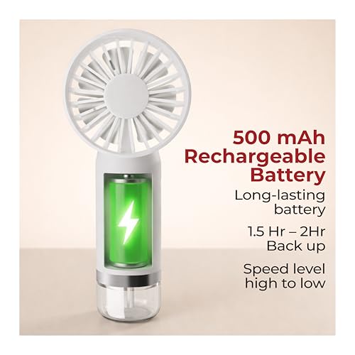 Image of Lifelong Mini Hand Fan with Mist Function | 3 Speed Settings, Mist Spray, 4000 RPM | Type-C Charging, 2.5W BLDC Motor, 500mAh Battery | Handheld Portable Fan with Water Tank | Compact & Lightweight