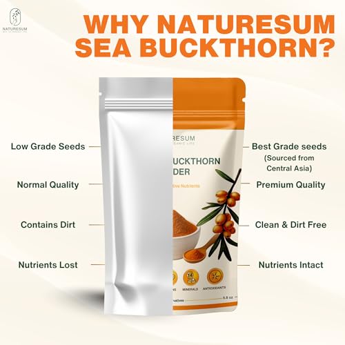 Image of Naturesum Central Asian Sea Buckthorn Berry Powder 100% Organic (250g) Rich in Omega 3, 6, 7, 9, Vitamin C, E & 18 Amino Acid, Strong Antioxidant for Skin Glow, Immunity, Gut & Heart Health