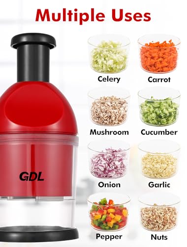 Image of Food Chopper, Hand Chopper Dicer Easy to Clean, Manual Slap Vegetable Cutter Onion Dicer, Garlic Mincer for Onion, Nut, Tomato, Pepper, Celery, etc, Red