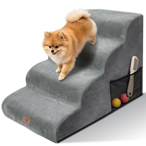 MASTERTOP Escaliers pour Chiens à 4 Marches en Éponge Haute Densité, Échelle Large pour Animaux de Compagnie, Rampe Antidérapant pour Animal Âgé/Blessé avec Housse Amovible&Lavable (Gris)